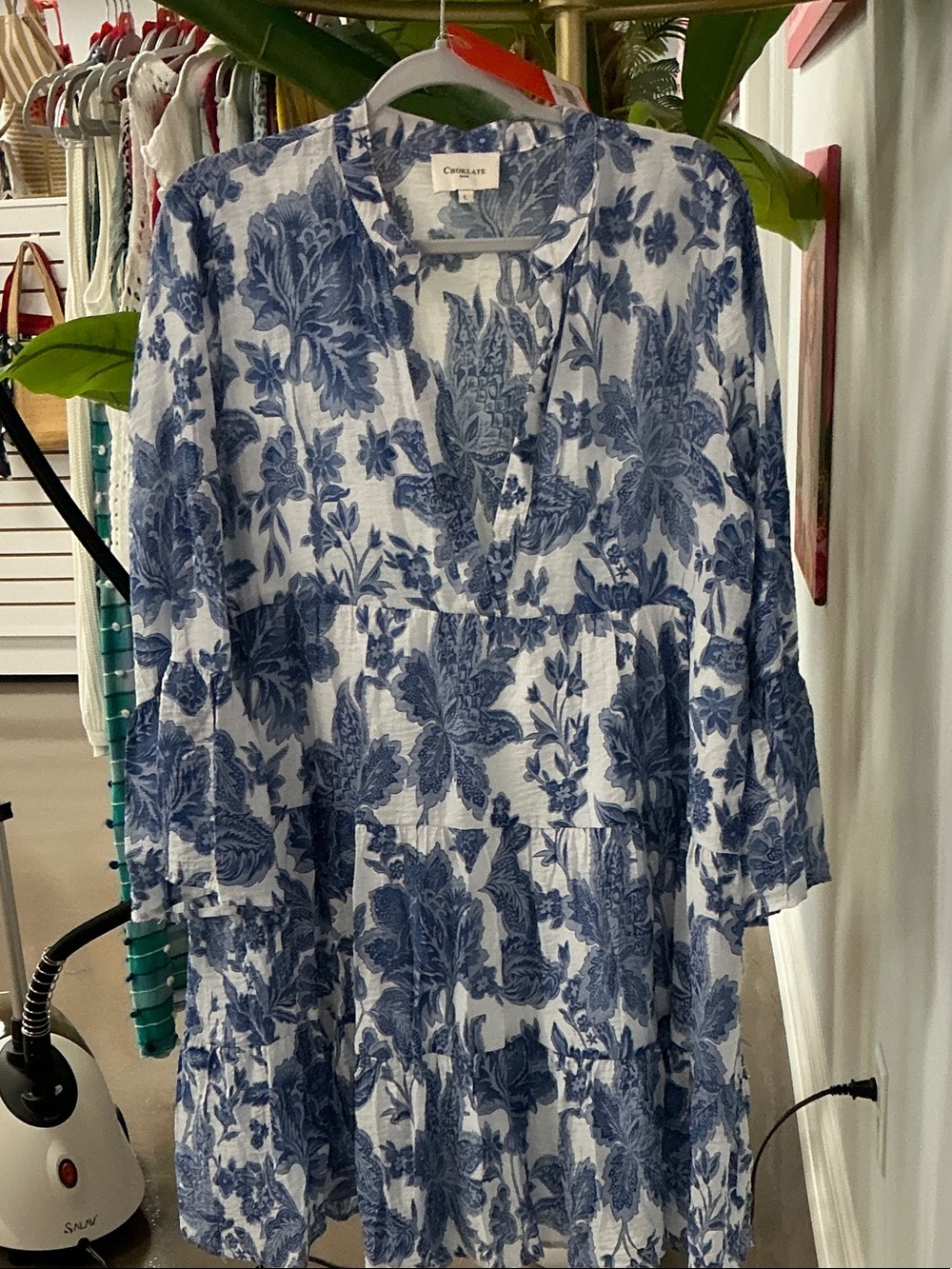Chelsea28 Blue Floral Long Sleeve Tiered Dress